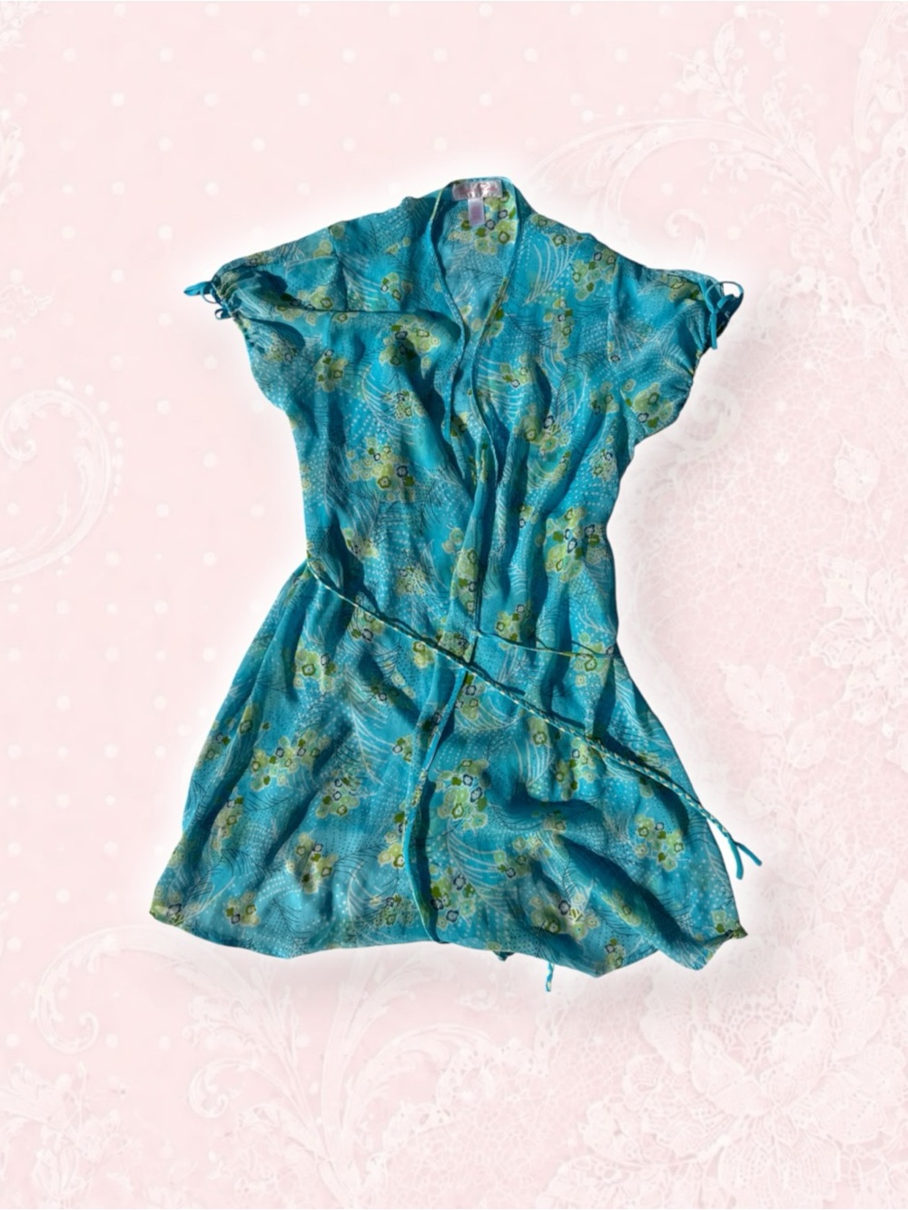 Oscar de la Renta Teal Floral Wrap Robe